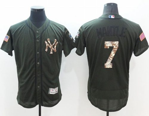 Yankees #7 Mickey Mantle Green Flexbase Authentic Collection Salute to Service Stitched MLB Jersey - Click Image to Close